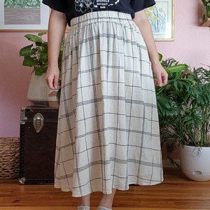 A New Day Black and White Windowpane Plaid Linen Blend Midi Skirt Size L EUC